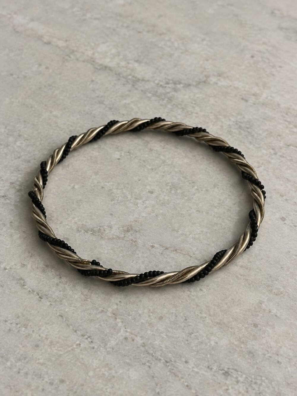 Vintage Silver Tone Twisted Wire Bangle Bracelet Black Beaded Coil Stacking